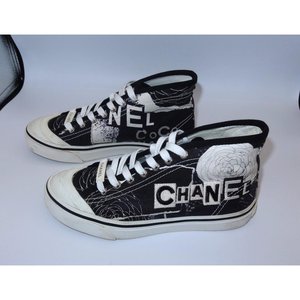 CHANEL Coco High Top Sneakers Black White Logo Camellia Print Canvas EU 38